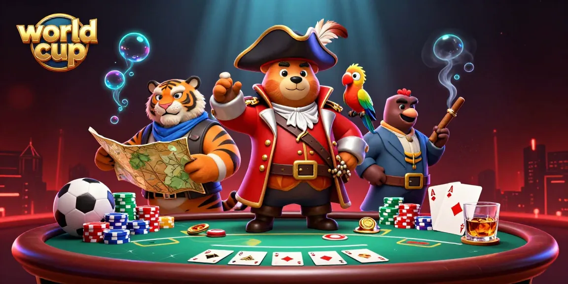 Engage in the World Cup action with a lively illustration featuring a pirate bear and tiger at a vibrant poker table.