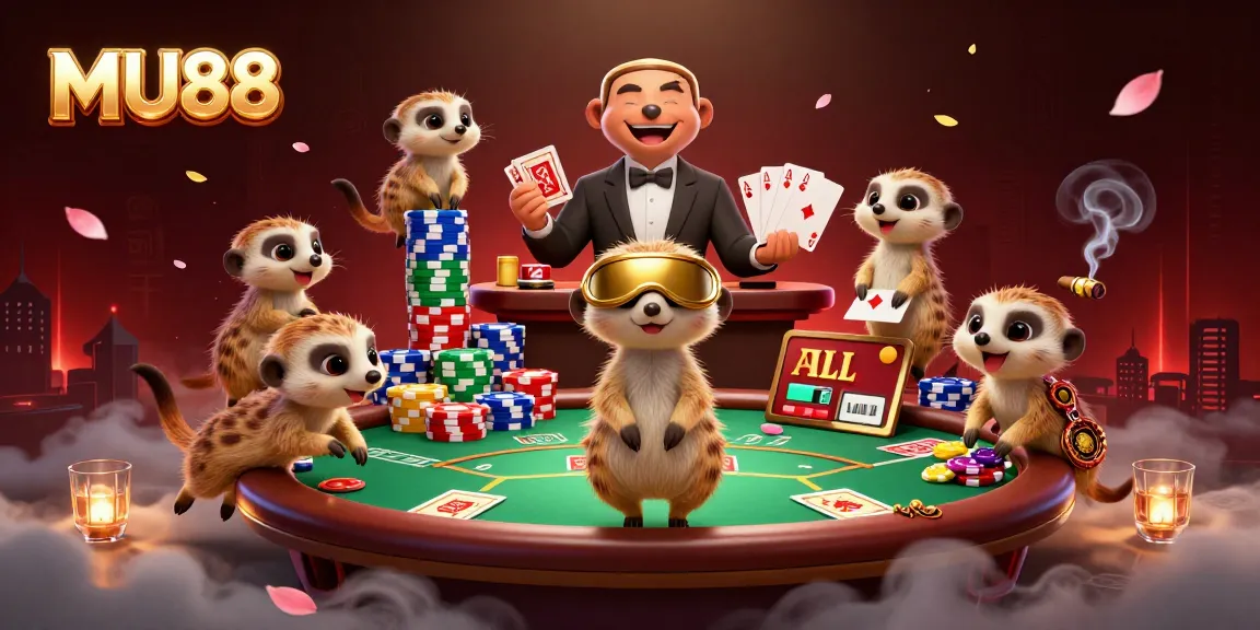 Engage with MU88's dynamic casino scene featuring meerkats operating games and winning chips.