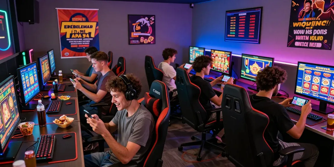 Exciting gaming atmosphere with players engaging in situs slot deposit 10 ribu on mobile devices, vibrant colors and LED lights.