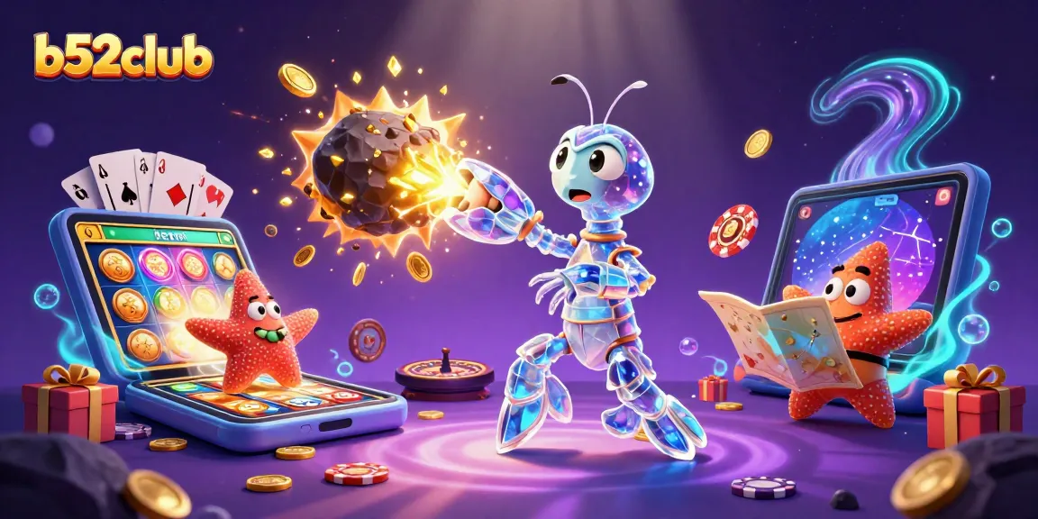Engage with exciting games at b52club, featuring a galactic shrimp in a vibrant casino scene.