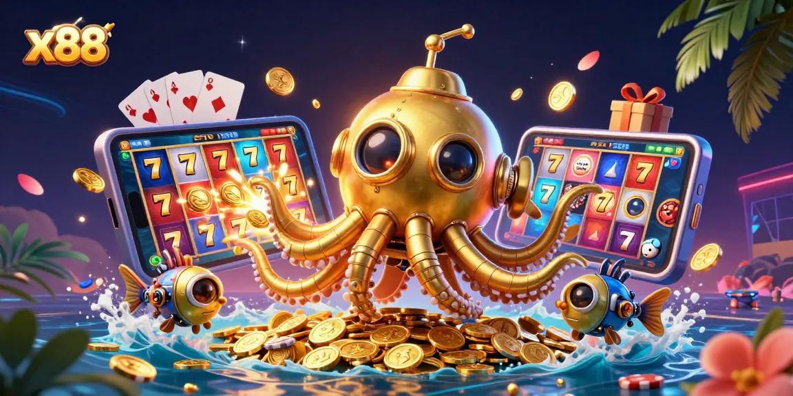 X88-themed 3D illustration featuring a golden kraken submarine, slot games, and casino elements enriching the gaming experience.