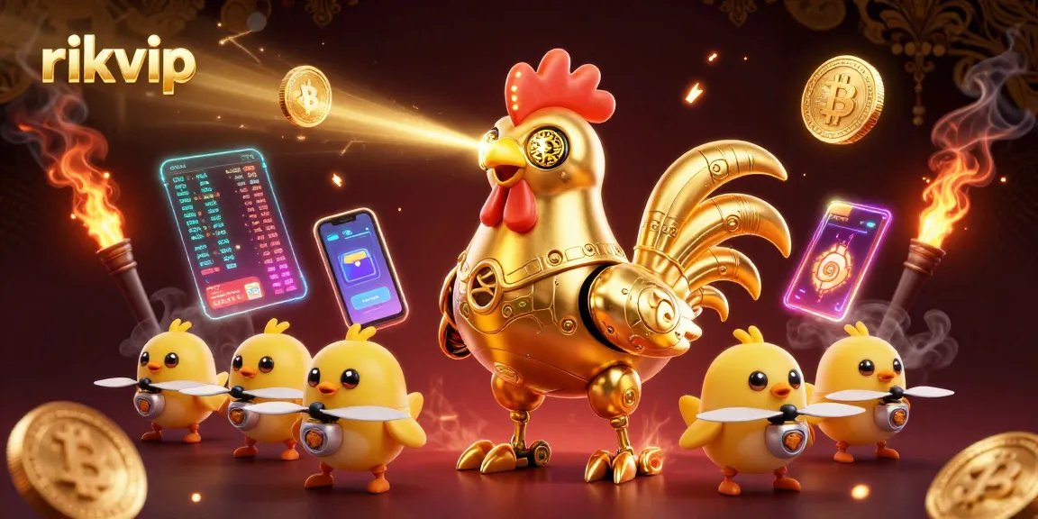 rikvip showcases a vibrant golden rooster robot among cryptocurrency elements and dynamic gaming icons