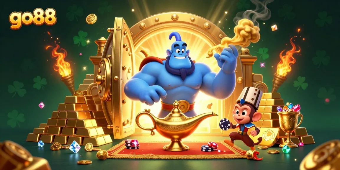 Experience the thrill of winning at go88 with immersive casino visuals featuring vibrant characters and treasures.