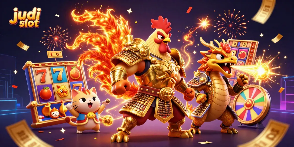 An engaging scene showcasing judi slot action with a rooster warrior and gaming elements such as slot reels and a jackpot counter.