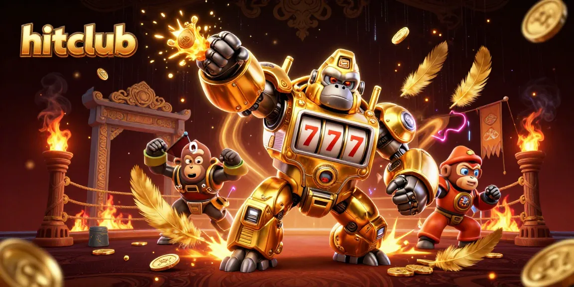 Experience exhilarating gaming action at hitclub with a golden gorilla mech among dynamic casino elements.