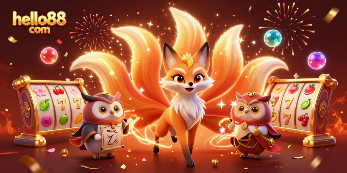 Experience excitement at hello88 com with a vibrant 3D scene featuring a nine-tailed fox, slot elements, and dynamic celebration.