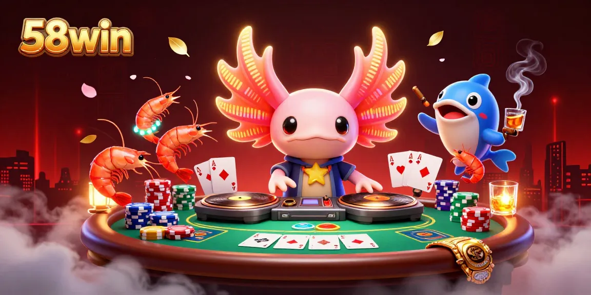 Experience thrilling gaming action with 58win's vibrant casino illustration showcasing dynamic poker elements.