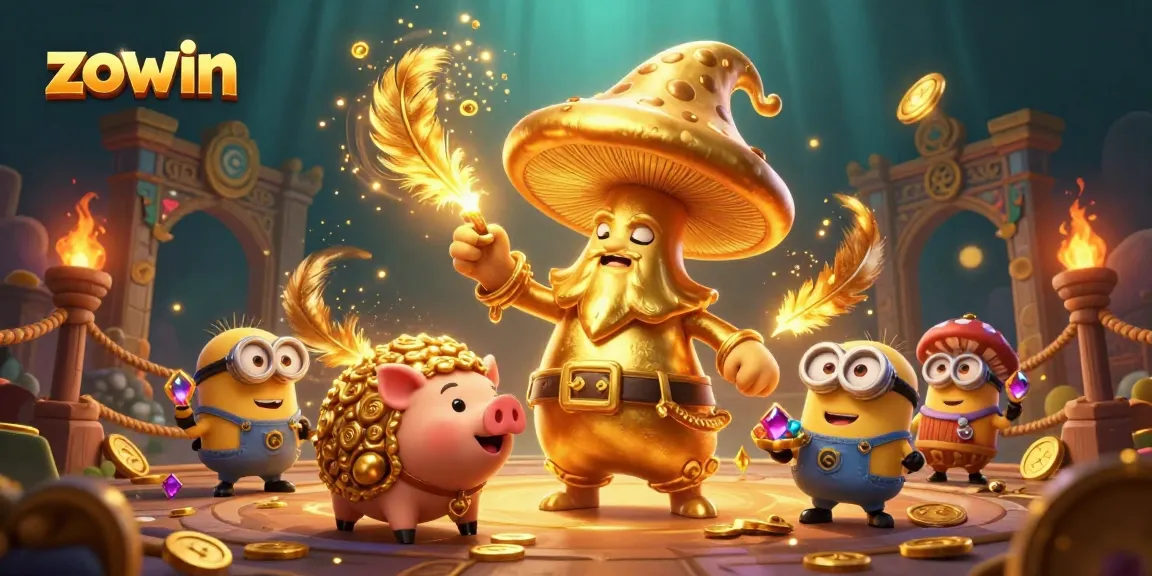 Zowin gaming scene showcasing a golden mushroom wizard casting magic, surrounded by treasure, and dynamic casino elements.