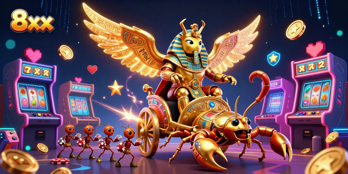 Engage in thrilling gameplay at 8xx with a golden scarab and vibrant casino elements.