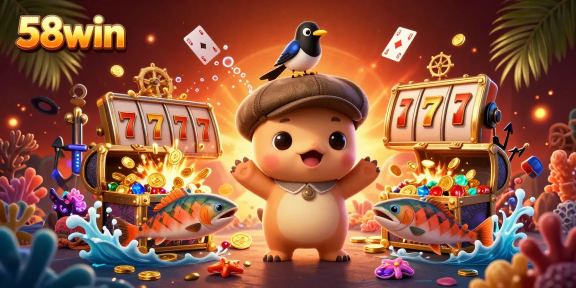 Engage in thrilling gaming action with 58win's vibrant casino-themed scene featuring a playful Nessie and colorful slot elements.
