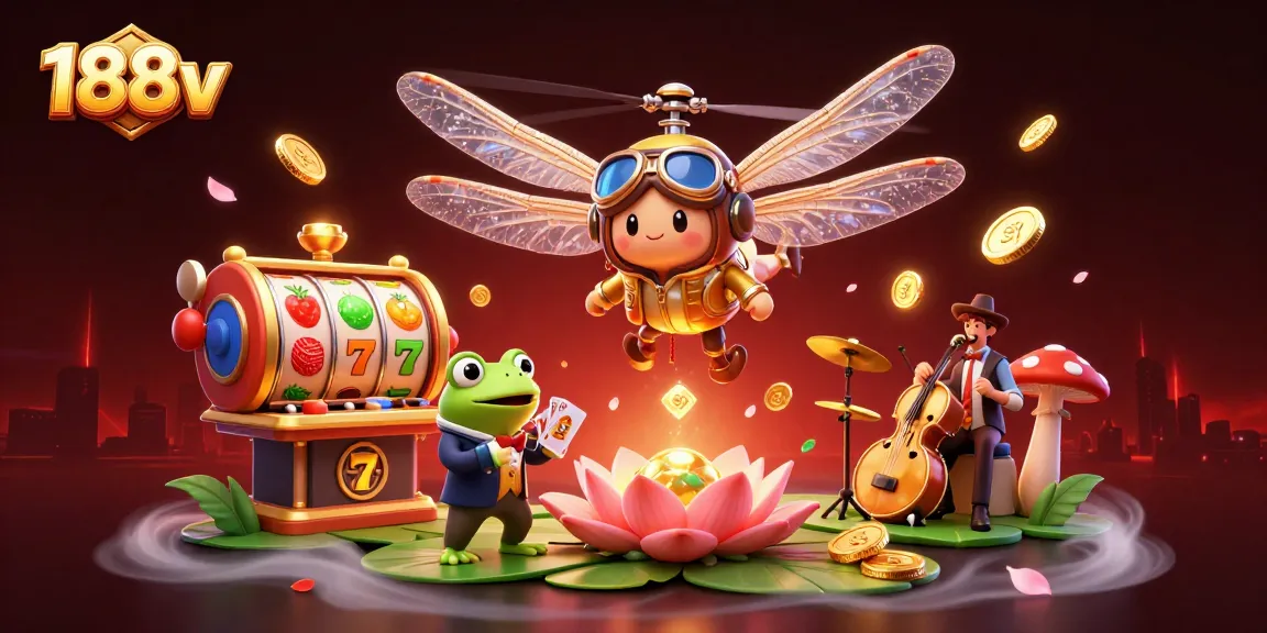 Spin and win at 188v's vibrant casino scene with dragons and musical frogs.