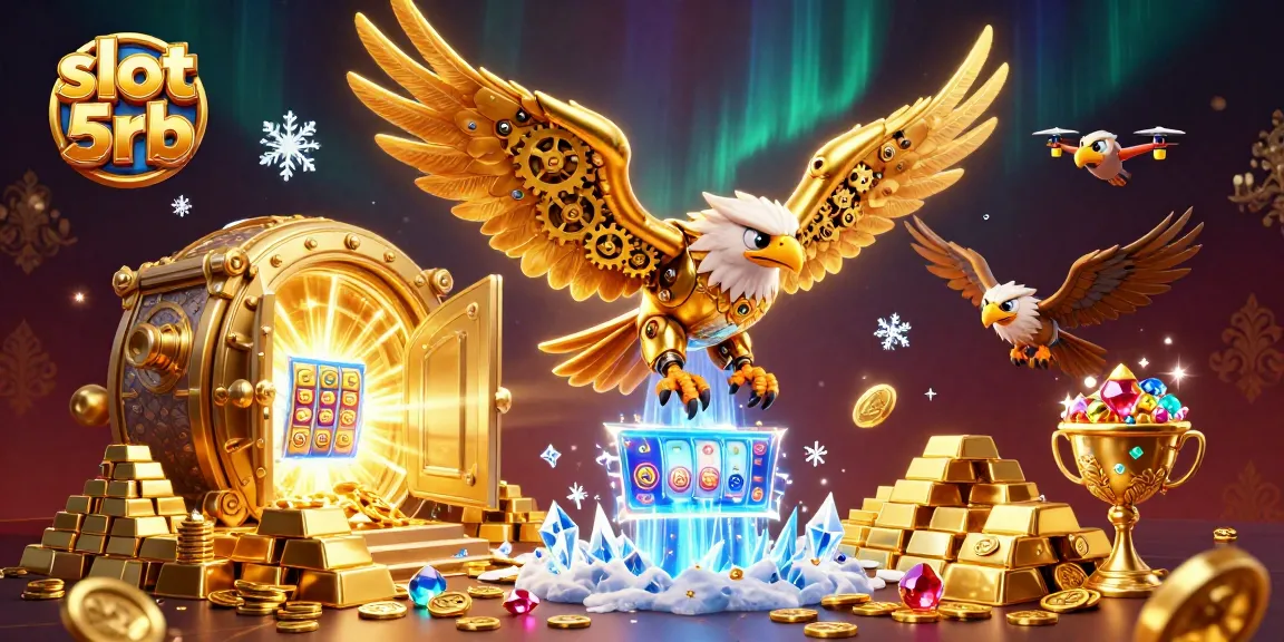 Experience thrilling jackpots at slot 5rb with a dazzling 3D illustration showcasing golden treasures and slots.