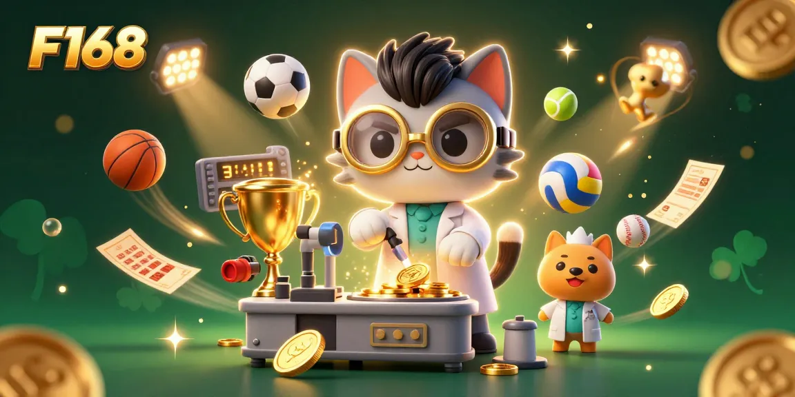 Experience exciting gaming adventures at F168 with vibrant characters amid dynamic casino elements and golden highlights.
