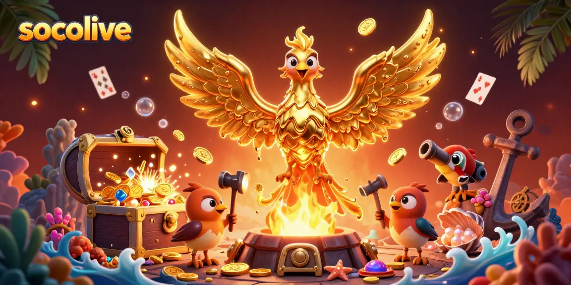 Socolive features a golden phoenix and sparrow assistants, surrounded by treasure and lively gaming elements for sports fans.