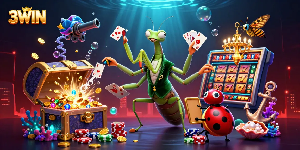 Engaging illustration of 3WIN's dynamic casino scene with vibrant slot elements and charming characters.