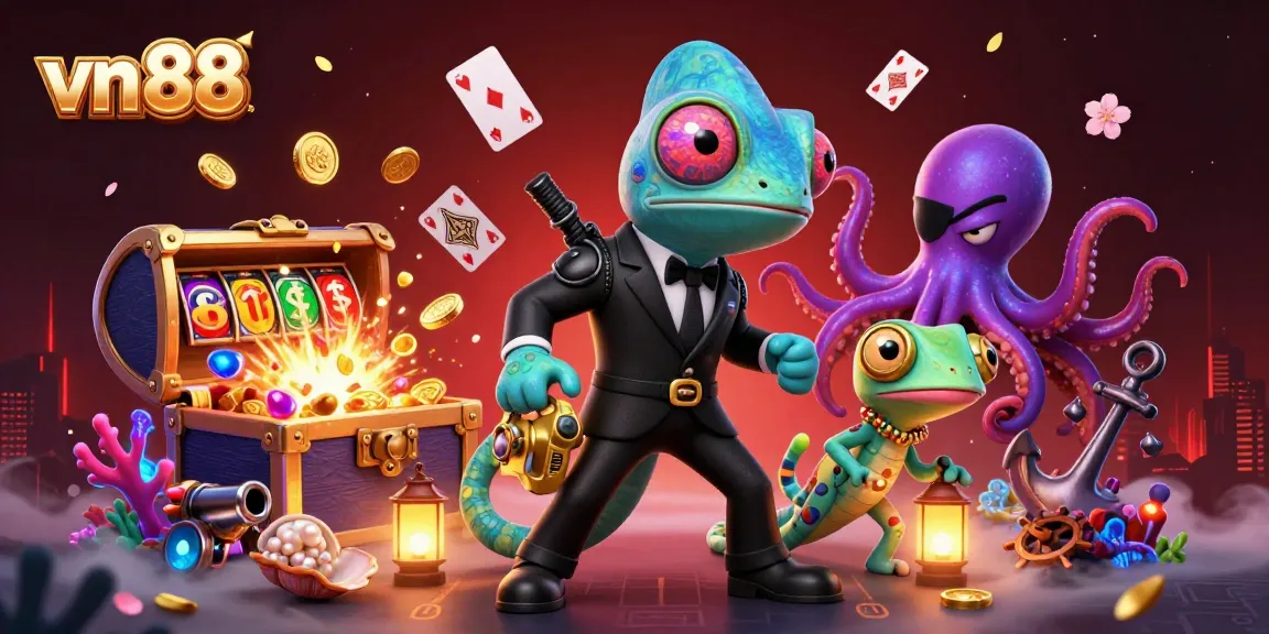 Engage in thrilling wins at vn 88 with a vibrant 3D casino scene featuring secret agent characters, gaming elements, and dazzling effects.
