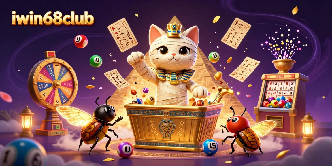 Iwin68club illustrates excitement in a pyramid casino with a mummy cat and dynamic game elements.
