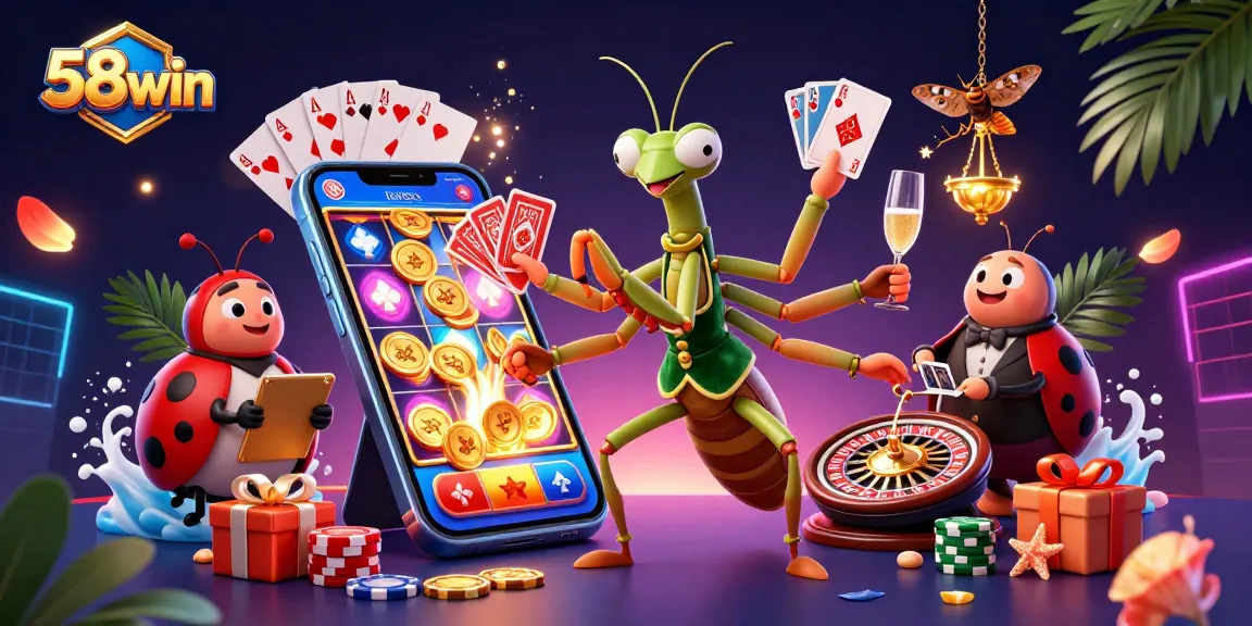 Experience the excitement of 58win with a vibrant illustration of a card shark and pit boss amid dynamic gambling elements.