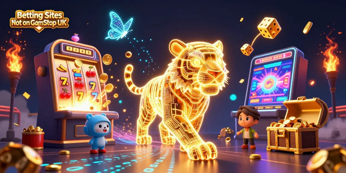 Engaging scene of Betting Sites Not on GamStop UK featuring vibrant casino elements and a golden tiger.