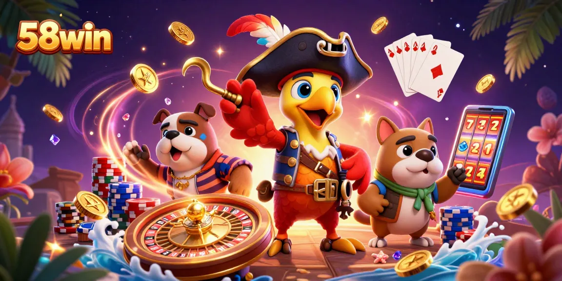 Bet on adventure with 58win as the pirate captain leads the way in this vibrant casino-themed illustration.