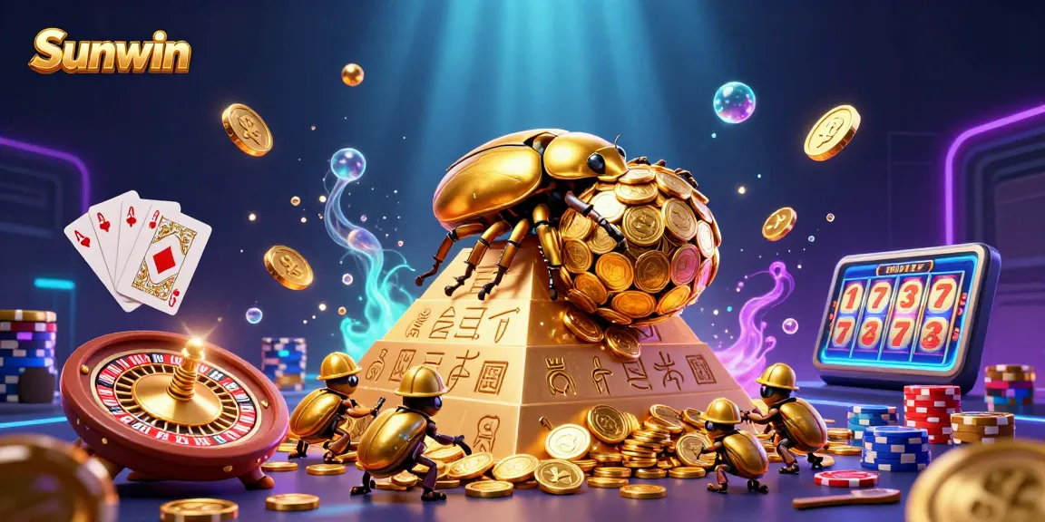 Engage with Sunwin’s thrilling gaming universe featuring golden coins, casino symbols, and vibrant elements.