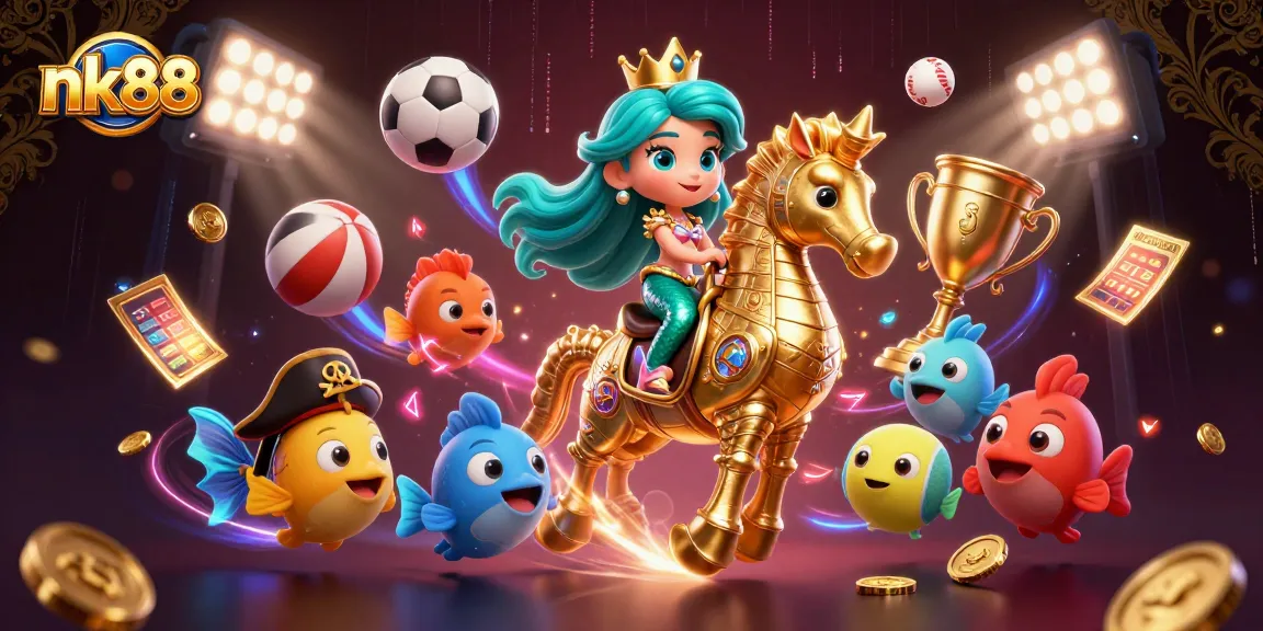 Bet on nk88 with exciting casino adventures featuring a mermaid princess, seahorse, and vibrant sports elements.
