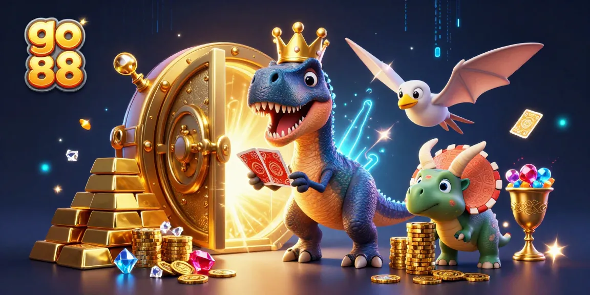 Experience go 88 excitement as the T-Rex shuffles cards amidst sparkling treasure and vibrant characters.