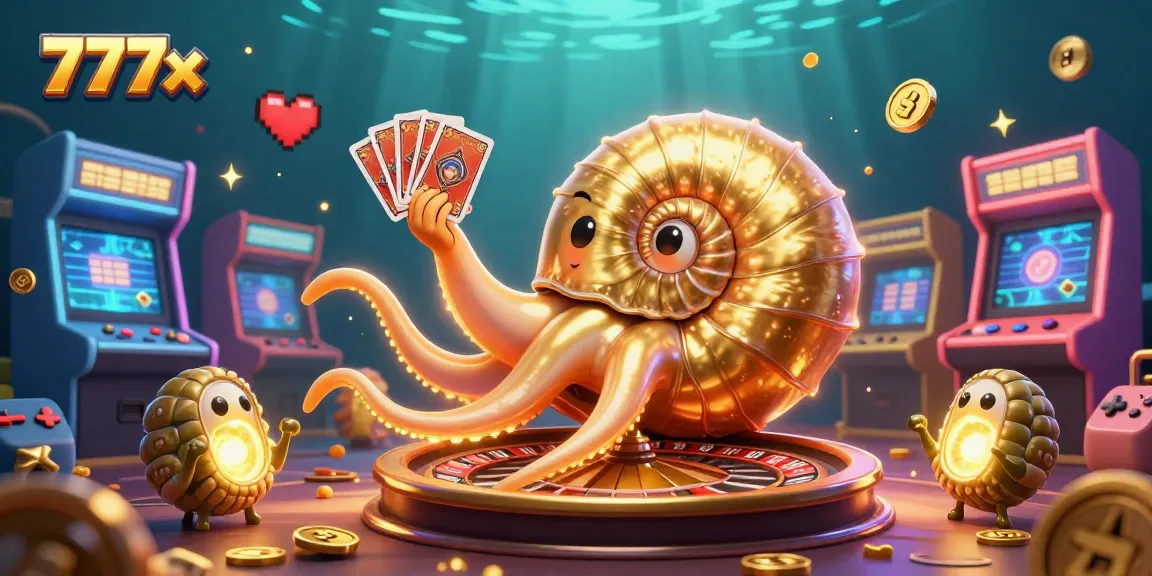Engage with 777x's vibrant casino scene featuring an ancient nautilus, glowing ammonites, and arcade games.