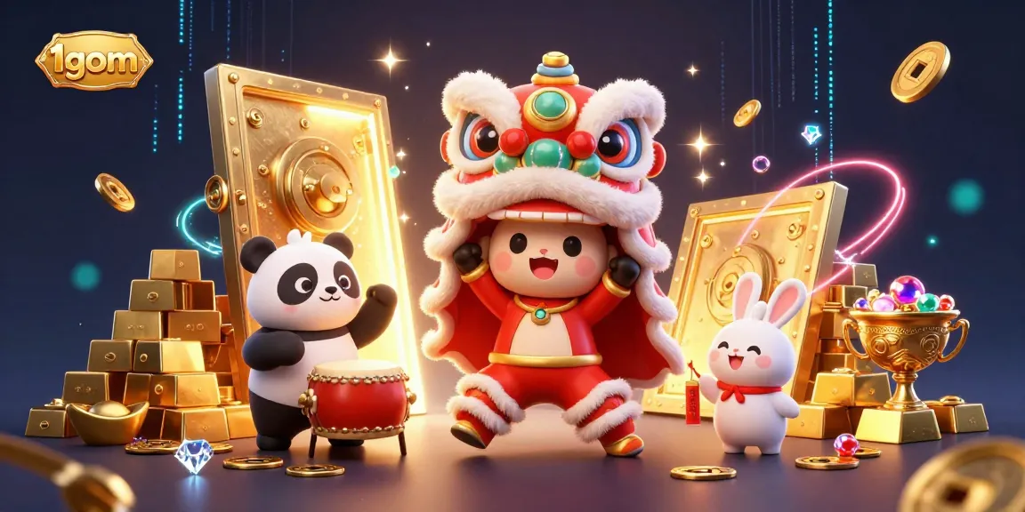 1gom offers a vibrant casino atmosphere with dynamic characters and golden winning elements in a festive scene.