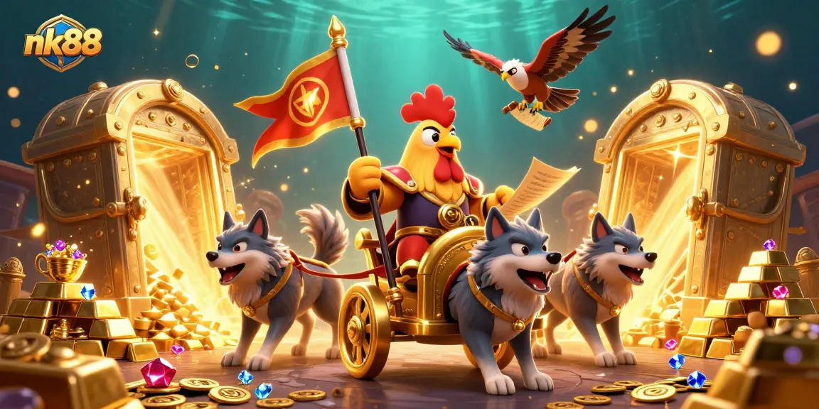 Immerse in nk88's vibrant world with a rooster warlord commanding riches in a lavish casino scene.