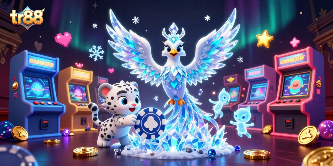 Experience thrilling gameplay at tr88 with an ice phoenix and a snow leopard cub amidst vibrant casino elements.