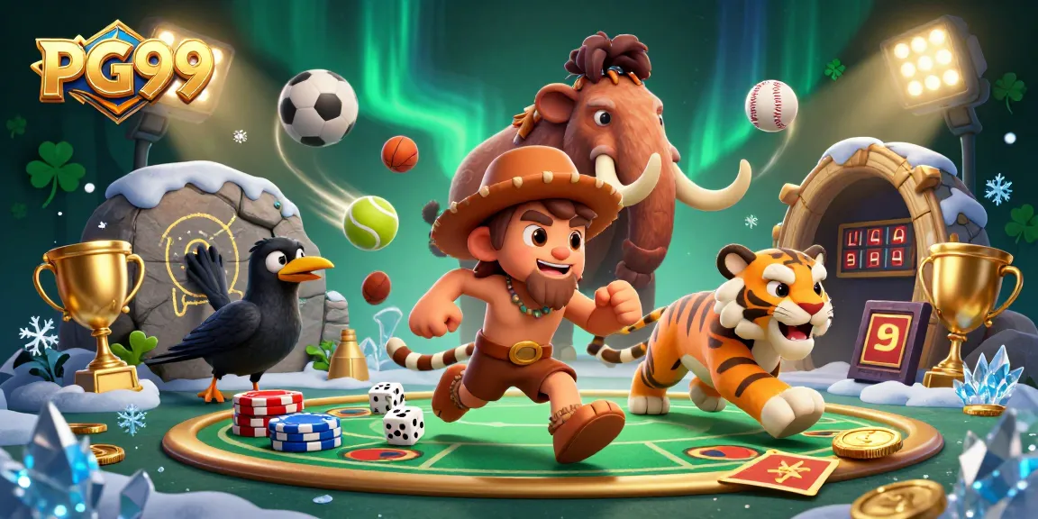 PG99 showcase where a caveman and sabertooth tiger lead a lively casino scene with sports balls, dynamic gameplay.