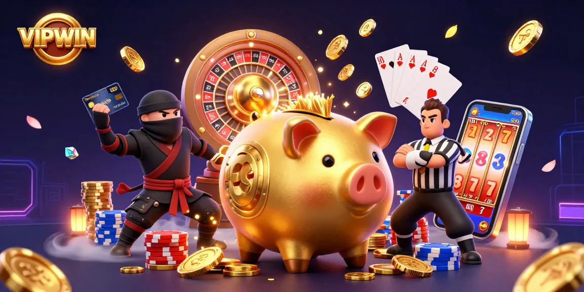 Experience dynamic gaming action at VIPWIN with colorful characters and splashing coins in an exciting casino scene.