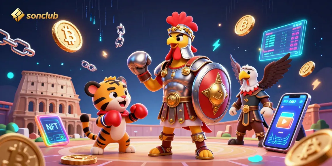Experience vibrant gaming at sonclub with a 3D gladiator rooster in an energetic casino scene.