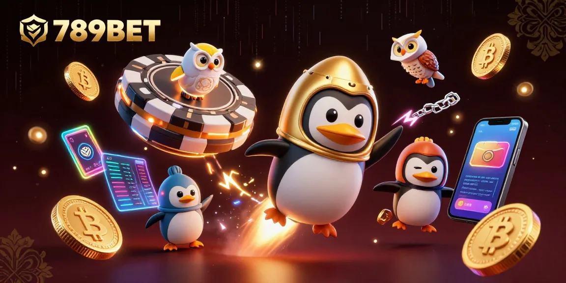 Engage with 789BET's vibrant universe featuring a golden penguin and crypto elements in a casino-themed scene.