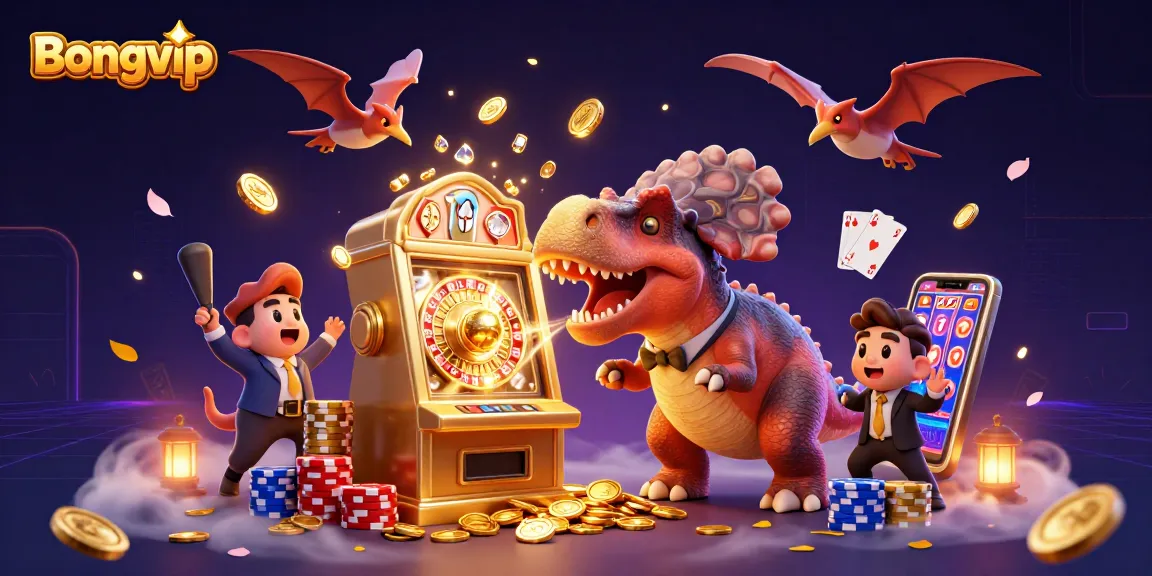 Bongvip engages players with a dynamic scene of jackpot excitement featuring a pachycephalosaurus and casino elements.