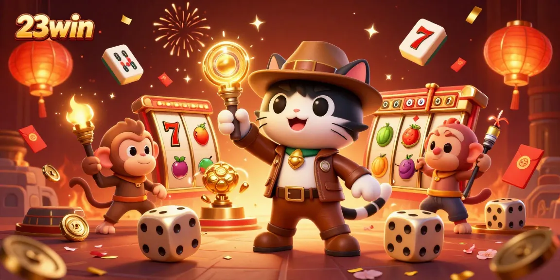 Engage with thrilling 23win casino adventures in this vibrant, colorful 3D illustration.
