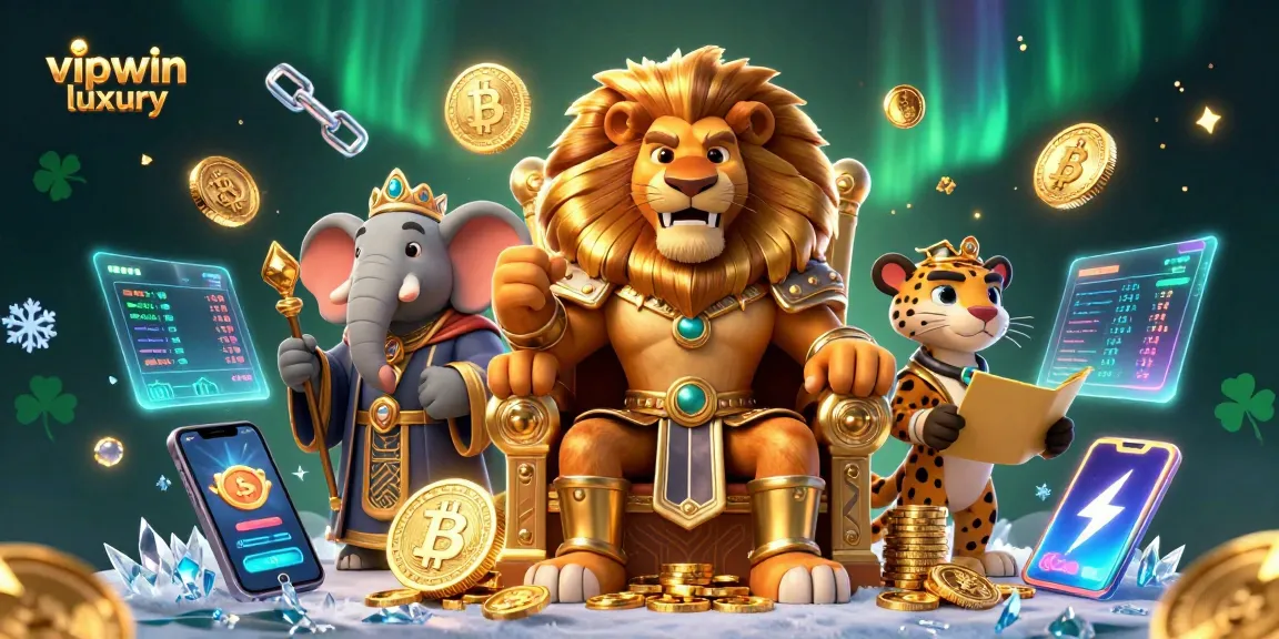 Engaging scene of vipwin luxury with lion king, elephant advisor, and cheetah, illustrating thrilling casino themes