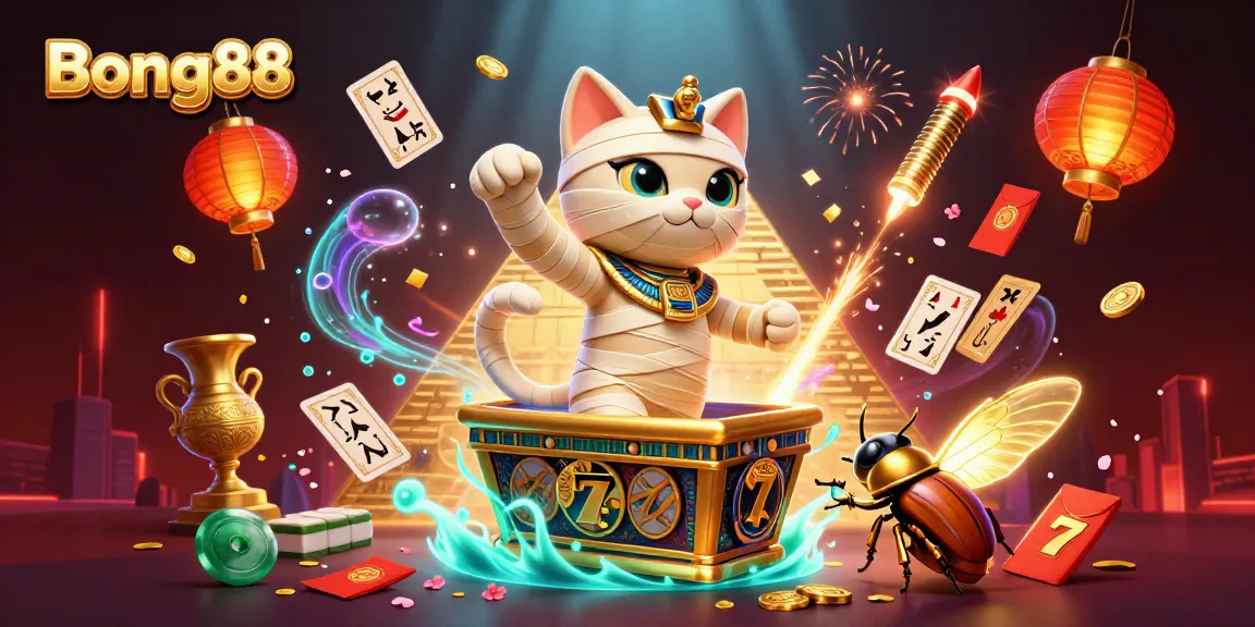 Experience the excitement of Bong88 with a vibrant 3D illustration showcasing a mummy cat and golden elements in a casino setting.