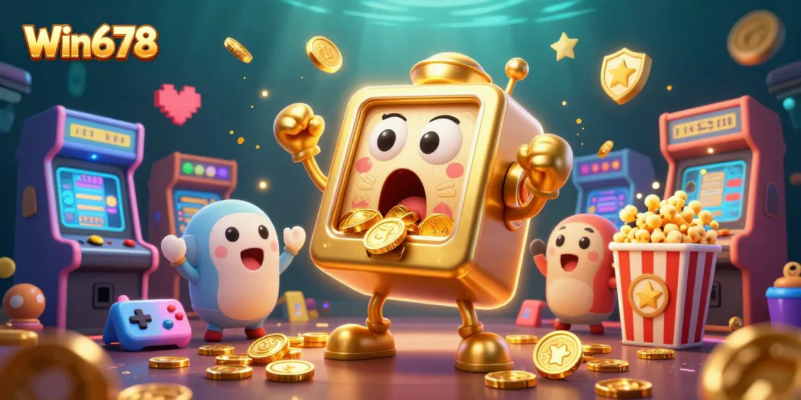 Experience exciting wins with Win678's dynamic gaming scene featuring a golden slot machine and vibrant arcade elements.